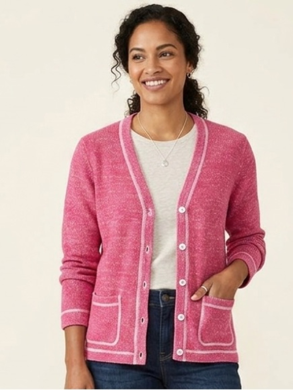 Orvis Women's Pink Cardigan Sweater, Size Large, 100% cotton